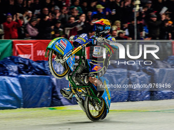 Luca Bauer (48) celebrates second place with a wheelie during the Ice Speedway Gladiators World Championship Final 1 at Max-Aicher-Arena, In...