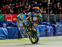 Luca Bauer (48) celebrates second place with a wheelie during the Ice Speedway Gladiators World Championship Final 1 at Max-Aicher-Arena, In...