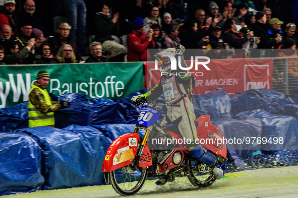 Harald Simon (50) celebrates his third place during the Ice Speedway Gladiators World Championship Final 1 at Max-Aicher-Arena, Inzell, Germ...