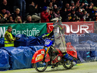 Harald Simon (50) celebrates his third place during the Ice Speedway Gladiators World Championship Final 1 at Max-Aicher-Arena, Inzell, Germ...