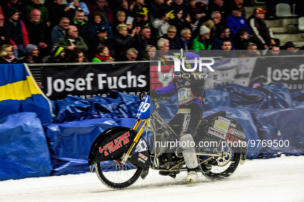 Martin Haarahiltunen (199) Celebrates winning the Meeting during the Ice Speedway Gladiators World Championship Final 1 at Max-Aicher-Arena,...