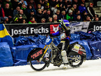 Martin Haarahiltunen (199) Celebrates winning the Meeting during the Ice Speedway Gladiators World Championship Final 1 at Max-Aicher-Arena,...