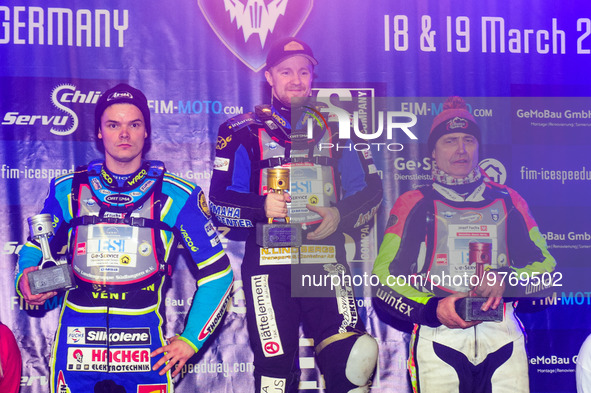 Top 3 in Final 1: (left to right) Luca Bauer (2nd), Martin Haarahiltunen (Winner), Harald Simon (3rd) during the Ice Speedway Gladiators Wor...