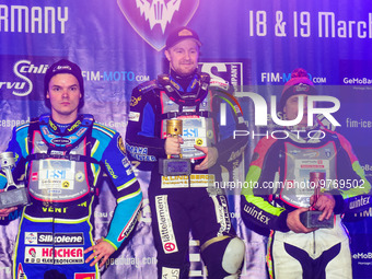 Top 3 in Final 1: (left to right) Luca Bauer (2nd), Martin Haarahiltunen (Winner), Harald Simon (3rd) during the Ice Speedway Gladiators Wor...