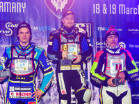 Top 3 in Final 1: (left to right) Luca Bauer (2nd), Martin Haarahiltunen (Winner), Harald Simon (3rd) during the Ice Speedway Gladiators Wor...