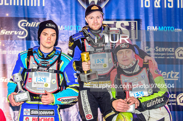 Top 3 in Final 1: (left to right) Luca Bauer (2nd), Martin Haarahiltunen (Winner), Harald Simon (3rd) during the Ice Speedway Gladiators Wor...