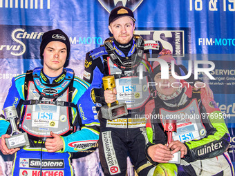 Top 3 in Final 1: (left to right) Luca Bauer (2nd), Martin Haarahiltunen (Winner), Harald Simon (3rd) during the Ice Speedway Gladiators Wor...