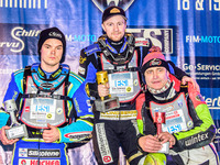 Top 3 in Final 1: (left to right) Luca Bauer (2nd), Martin Haarahiltunen (Winner), Harald Simon (3rd) during the Ice Speedway Gladiators Wor...