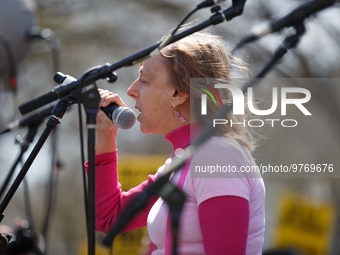 Medea Benjamin, co-founder of Code Pink, speaks at an anti-war protest organized by the Answer Coalition and dozens of other groups in Washi...