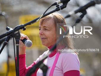 Medea Benjamin, co-founder of Code Pink, speaks at an anti-war protest organized by the Answer Coalition and dozens of other groups in Washi...