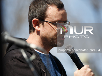 Gabriel Shipton, the brother of jailed activist and hacker Julian Assange, speaks at an anti-war protest organized by the Answer Coalition a...