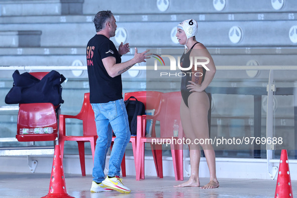 head coach Marco Capanna (SIS Roma) and Chiara Ranalli (SIS Roma) during the Waterpolo Italian Serie A1 Women match SIS Roma vs RN Bologna o...