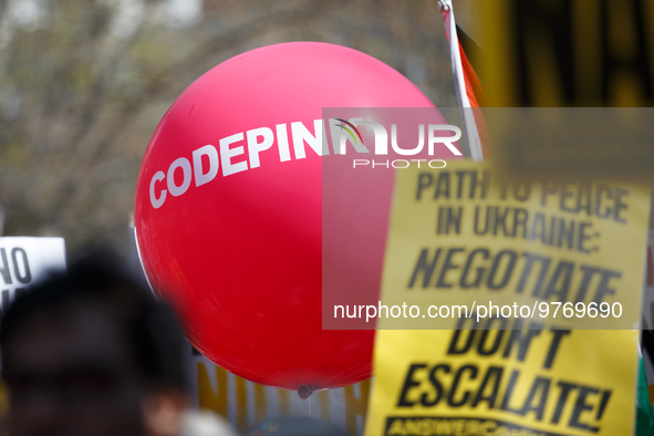 A balloon bearing the name of the activist group CodePink floats during an anti-war protest in Washington, D.C. on March 18, 2023. The prote...