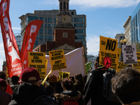 Demonstrators march in Washington, D.C. on March 18, 2023 during an anti-war protest organized by the Answer Coalition and dozens of other g...