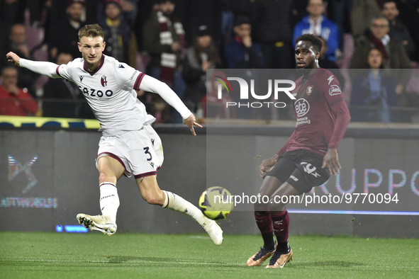 Stefan Posch of Bologna FC  competes for the ball with Boulaye Dia of US Salernitana   during the Serie A match between US Salernitana 1919...