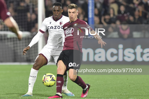 Krzysztof Piatek of US Salernitana  competes for the ball with Jhon Lucumi of Bologna FC   during the Serie A match between US Salernitana 1...