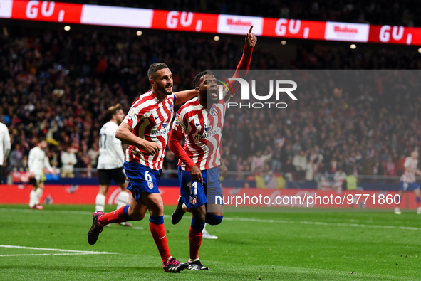 Thomas Lemar and Koke celebrates a goal during La Liga match between Atletico de Madrid and Valencia CF at Civitas Metropolitano on March 18...