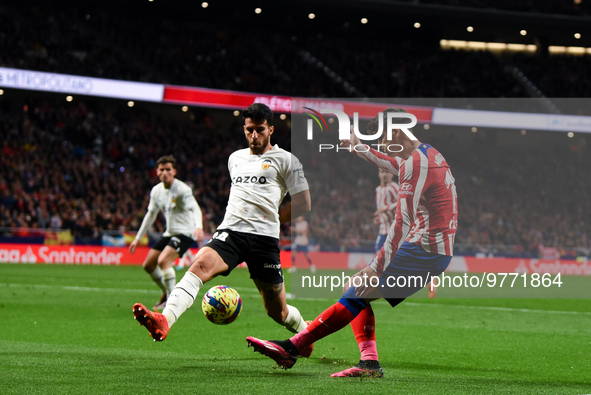 Alvaro Morata and Eray Comert during La Liga match between Atletico de Madrid and Valencia CF at Civitas Metropolitano on March 18, 2023 in...