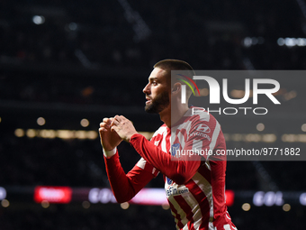 Yannick Carrasco celebrates a goal during La Liga match between Atletico de Madrid and Valencia CF at Civitas Metropolitano on March 18, 202...