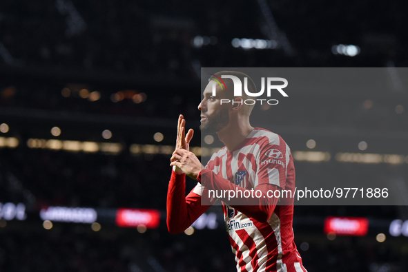 Yannick Carrasco celebrates a goal during La Liga match between Atletico de Madrid and Valencia CF at Civitas Metropolitano on March 18, 202...