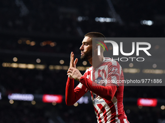 Yannick Carrasco celebrates a goal during La Liga match between Atletico de Madrid and Valencia CF at Civitas Metropolitano on March 18, 202...