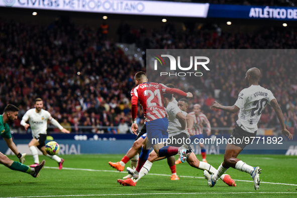 Yannick Carrasco scoring a goal during La Liga match between Atletico de Madrid and Valencia CF at Civitas Metropolitano on March 18, 2023 i...