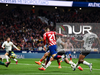 Yannick Carrasco scoring a goal during La Liga match between Atletico de Madrid and Valencia CF at Civitas Metropolitano on March 18, 2023 i...