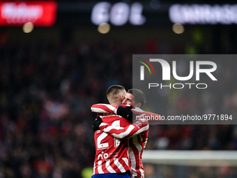 Yannick Carrasco and Rodrigo de Paul celebrates a goal during La Liga match between Atletico de Madrid and Valencia CF at Civitas Metropolit...