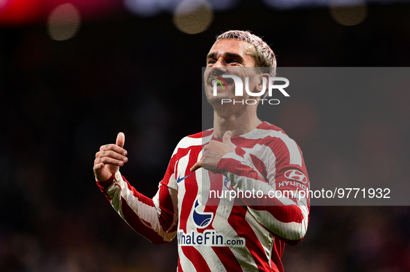 Antoine Griezmann celebrates a goal during La Liga match between Atletico de Madrid and Valencia CF at Civitas Metropolitano on March 18, 20...