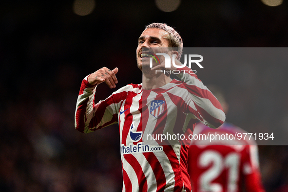 Antoine Griezmann celebrates a goal during La Liga match between Atletico de Madrid and Valencia CF at Civitas Metropolitano on March 18, 20...