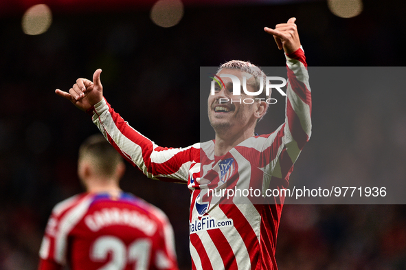 Antoine Griezmann celebrates a goal during La Liga match between Atletico de Madrid and Valencia CF at Civitas Metropolitano on March 18, 20...