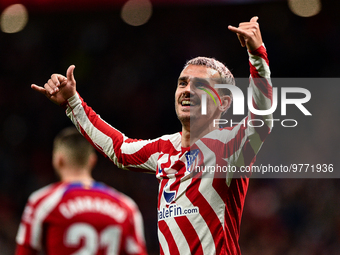 Antoine Griezmann celebrates a goal during La Liga match between Atletico de Madrid and Valencia CF at Civitas Metropolitano on March 18, 20...