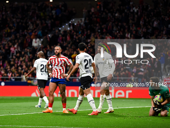 Memphis Depay and Giorgi Mamardashvili during La Liga match between Atletico de Madrid and Valencia CF at Civitas Metropolitano on March 18,...