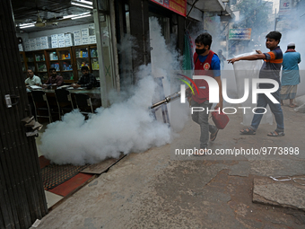 An employee of Dhaka south City Corporation sprays pesticide for kill mosquitoes in Dhaka, Bangladesh on March 19, 2023 (