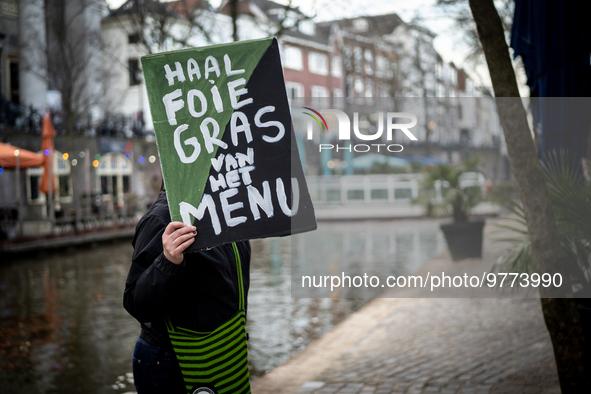 Activist at the entrance of a restaurant that serves foie gras, in Utrecht, Netherlands, on March 18, 2023.  