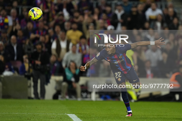 Raphinha right winger of Barcelona and Brazil shooting to goal during the La Liga Santander match between FC Barcelona and Real Madrid CF at...