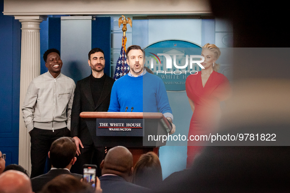 Jason Sudeikis and the cast of the series, “Ted Lasso,” speak briefly to the press during their visit to the White House to talk with Presid...