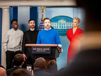 Jason Sudeikis and the cast of the series, “Ted Lasso,” speak briefly to the press during their visit to the White House to talk with Presid...