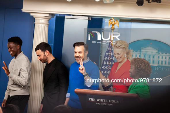 Jason Sudeikis and the cast of the series, “Ted Lasso,” depart after brief remarks at the White House press briefing during their visit to t...