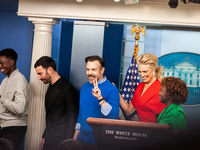 Jason Sudeikis and the cast of the series, “Ted Lasso,” depart after brief remarks at the White House press briefing during their visit to t...