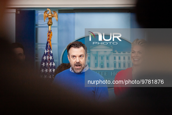 Jason Sudeikis and the cast of television program “Ted Lasso,” speak briefly to the press during their visit to the White House to talk with...