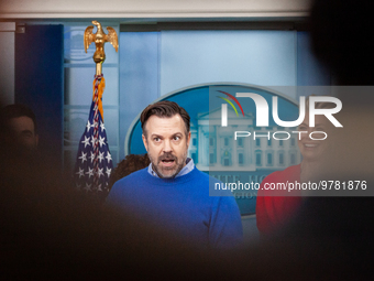 Jason Sudeikis and the cast of television program “Ted Lasso,” speak briefly to the press during their visit to the White House to talk with...