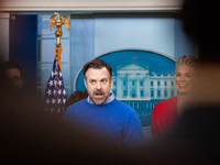 Jason Sudeikis and the cast of television program “Ted Lasso,” speak briefly to the press during their visit to the White House to talk with...