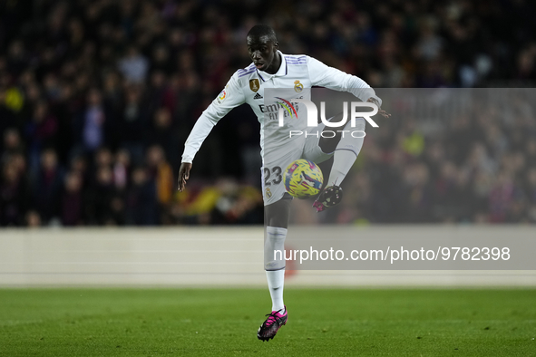 Ferland Mendy left-back of Real Madrid and France controls the ball during the La Liga Santander match between FC Barcelona and Real Madrid...