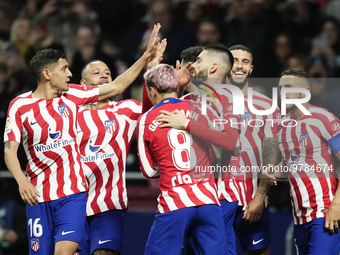 Yannick Carrasco left winger of Atletico de Madrid and Belgium celebrates after scoring his sides first goal during the La Liga Santander ma...