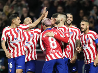 Yannick Carrasco left winger of Atletico de Madrid and Belgium celebrates after scoring his sides first goal during the La Liga Santander ma...