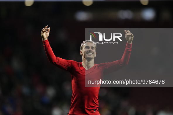 Antoine Griezmann second striker of Atletico de Madrid and France celebrates victory after the La Liga Santander match between Atletico de M...