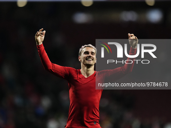 Antoine Griezmann second striker of Atletico de Madrid and France celebrates victory after the La Liga Santander match between Atletico de M...