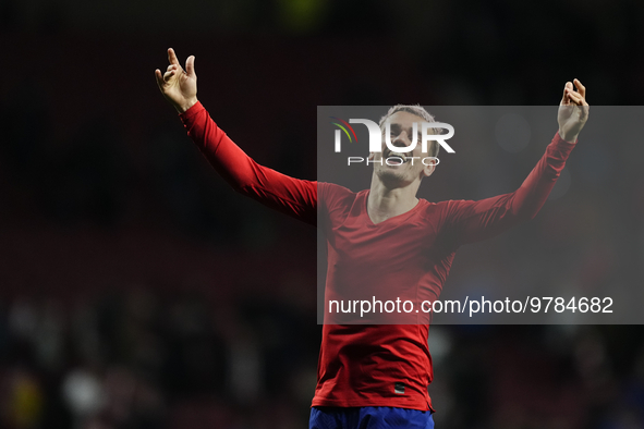 Antoine Griezmann second striker of Atletico de Madrid and France celebrates victory after the La Liga Santander match between Atletico de M...