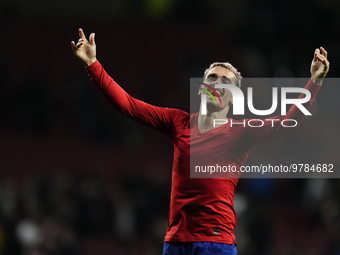 Antoine Griezmann second striker of Atletico de Madrid and France celebrates victory after the La Liga Santander match between Atletico de M...